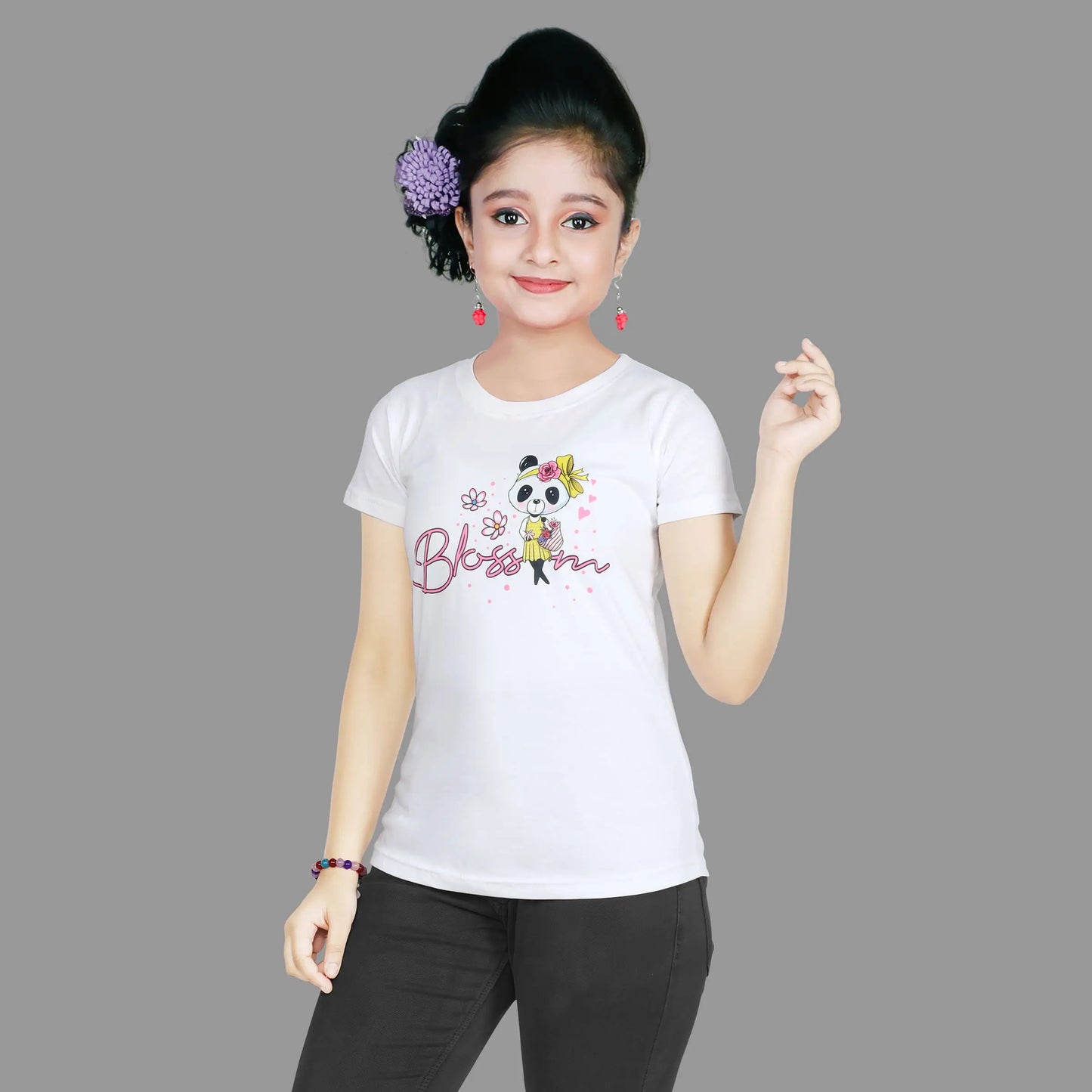 Girl’s Blossom Panda Print Cotton White T-shirt (3 – 9 Years)
