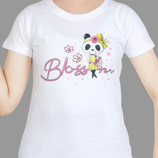 Girl’s Blossom Panda Print Cotton White T-shirt (3 – 9 Years)