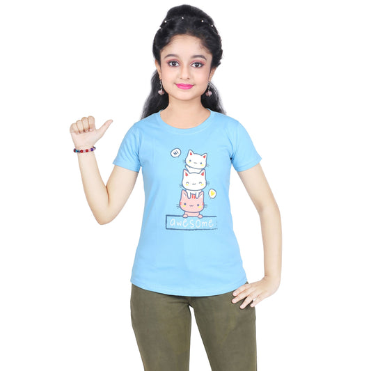 Girl’s kittens Print Cotton Sky Blue T-shirt (3 – 9 Years)