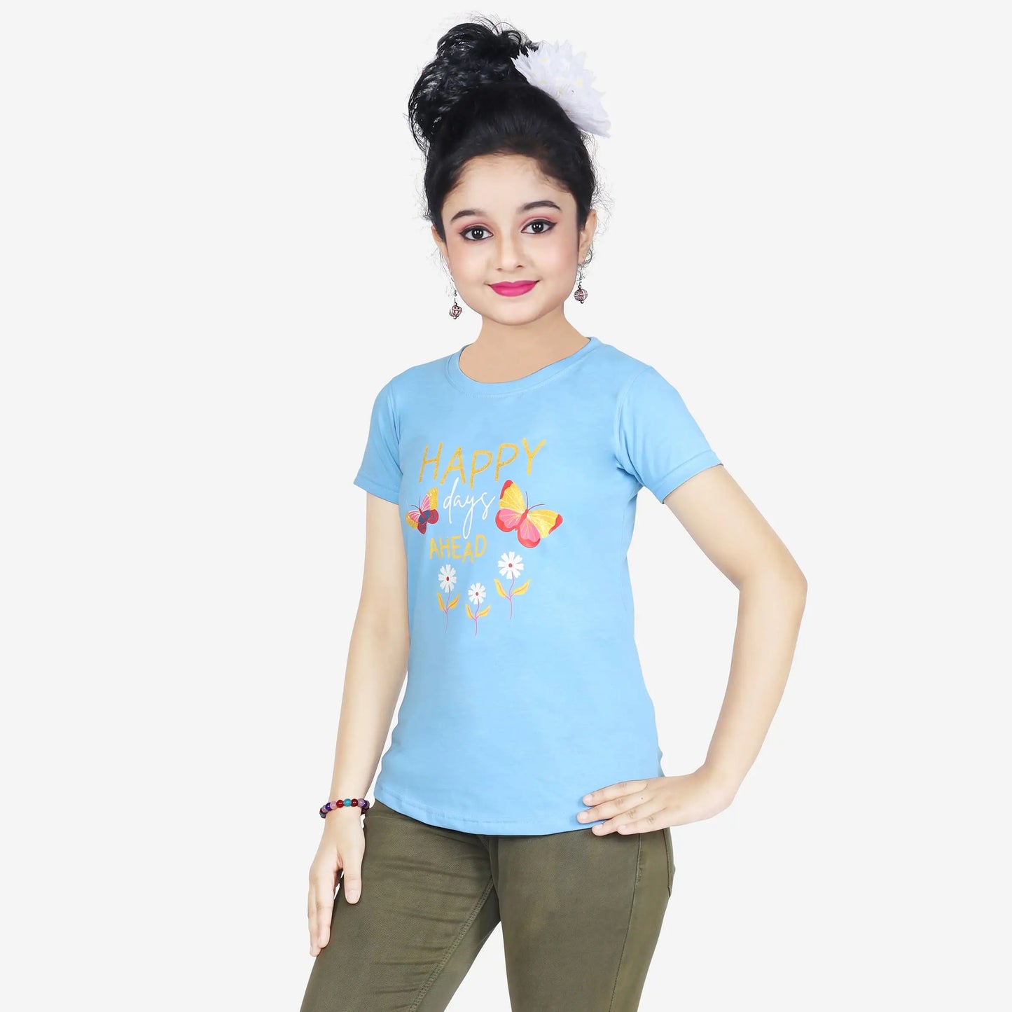 Girl’s Butterfly Print Cotton Sky Blue T-shirt (3 – 9 Years)