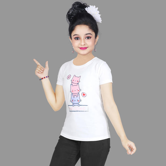 Girl’s kittens Print Cotton White T-shirt (3 – 9 Years)