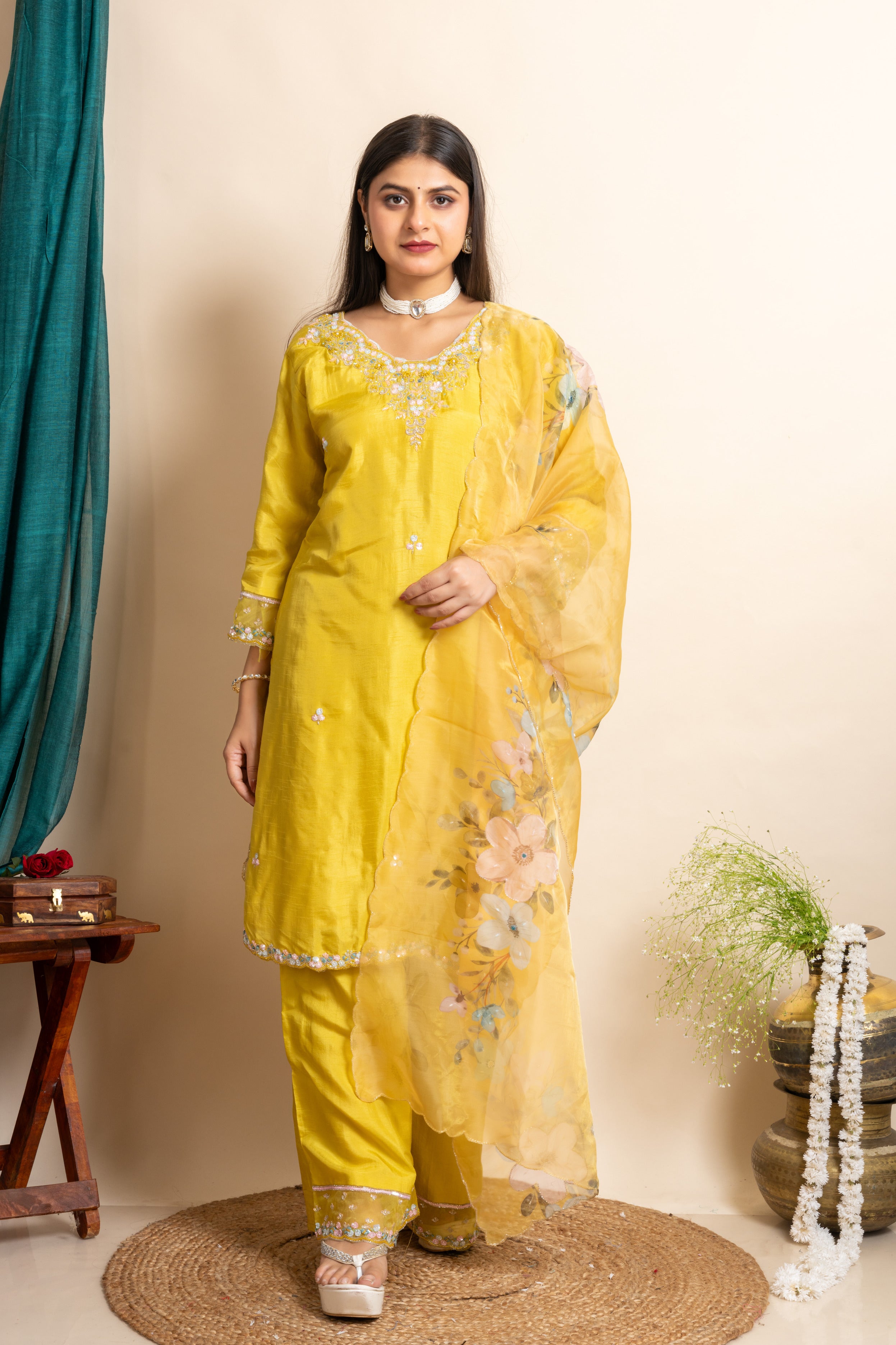 Radiant Sunshine Silk Embroidered Kurti Set with Floral Organza Dupatta