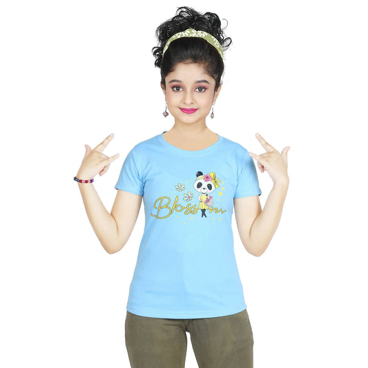 Girl’s Blossom Panda Print Cotton Sky Blue T-shirt (3 – 9 Years)