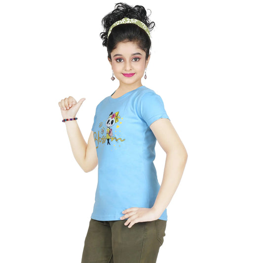 Girl’s Blossom Panda Print Cotton Sky Blue T-shirt (3 – 9 Years)
