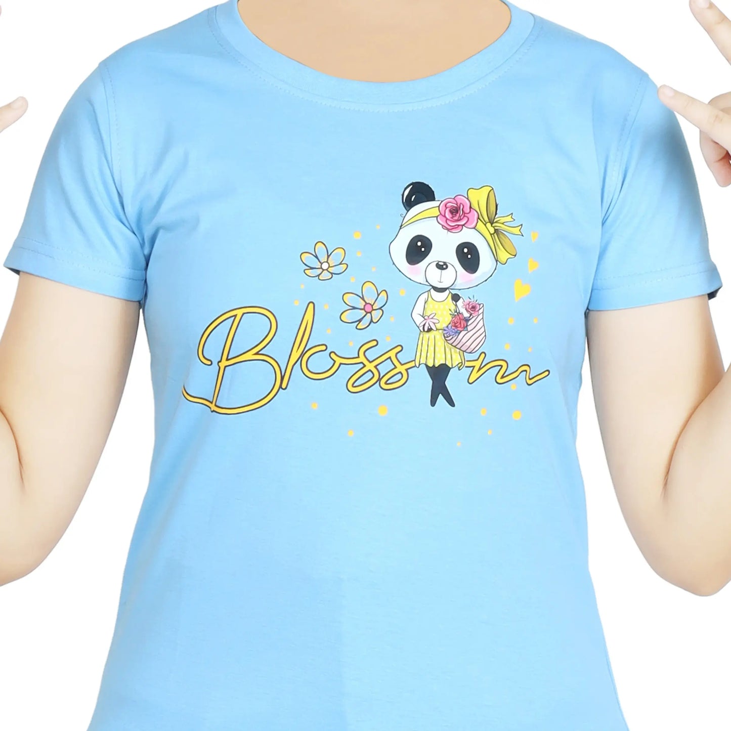 Girl’s Blossom Panda Print Cotton Sky Blue T-shirt (3 – 9 Years)
